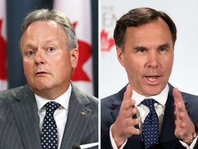 Bank of Canada Governor Stephen Poloz, left, and Finance Minister Bill Morneau. “The Finance Minister, sorry, is not my boss,” Poloz said last year.