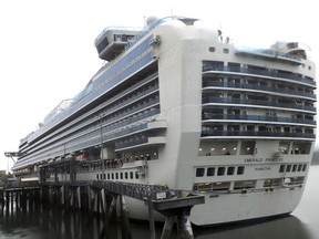 The Emerald Princess cruise ship is docked in Juneau, Alaska, Wednesday, July 26, 2017. The FBI is investigating the domestic dispute death of a Utah woman on board the ship, which was traveling in U.S. waters outside Alaska. (AP Photo/Becky Bohrer)