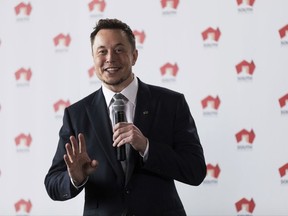 Tesla CEO Elon Musk talks about the development of the worlds biggest lithium-ion battery in Adelaide, Australia, Friday, July 7, 2017. Tesla will partner with French renewable energy company Neoen to build the 100-megawatt battery farm in South Australia state. (Ben Macmahon/AAP Image via AP)