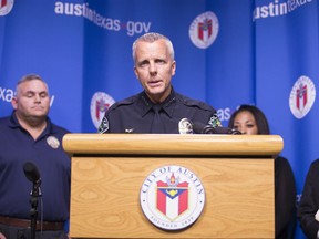 Austin Police chief Brian Manley speaks about removing Police Ford Explorers  off the streets Friday, July 28, 2017 in Austin Texas. The Austin Police Department on Friday pulled nearly 400 Ford Explorer SUVs from its patrol fleet over worries about exhaust fumes inside the vehicles. The move comes as U.S. auto safety regulators investigate complaints of exhaust fume problems in more than 1.3 million Explorers from the 2011 through 2017 model years.(Ricardo B. Brazziell/Austin American-Statesman via AP)