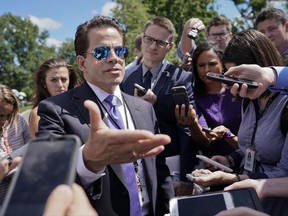 FILE - In this July 25, 2017 file photo, White House communications director Anthony Scaramucci speaks to members of the media at the White House in Washington. Scaramucci went after chief of staff Reince Priebus Thursday, July 27, 2017, as a suspected "leaker" within the West Wing in a pull-no-punches interview that laid bare the personality clashes and internal turmoil of Donald Trump's presidency.  (AP Photo/Pablo Martinez Monsivais, File)