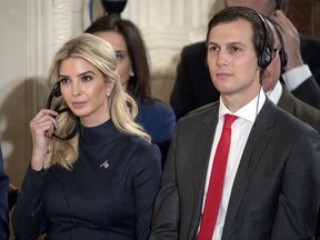 FILE - In this March 17, 2017, file photo Ivanka Trump, the daughter of President Donald Trump, and her husband Jared Kushner, senior adviser to President Donald Trump, attend a joint news conference with the president and German Chancellor Angela Merkel in the East Room of the White House in Washington. Kushner has added more than 70 assets worth at least $10.6 million to his revised personal financial disclosure. According to the disclosure, the additional assets were "inadvertently omitted" from an earlier form. The revised form was certified by the Office of Government Ethics on July 20 and released on July 21. Ivanka Trump, also filed new federal disclosures. She reported assets of at least $66 million and earned at least $13.5 million in income last year from her various business ventures.(AP Photo/Andrew Harnik, File)