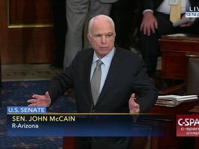 In this image from video provided by C-SPAN2, Sen. John McCain, R-Ariz. speaks the floor of the Senate on Capitol Hill in Washington, Tuesday, July 25, 2017. McCain returned to Congress for the first time since being diagnosed with brain cancer.  (C-SPAN2 via AP)