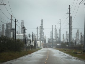 An oil refinery is seen before the arrival of Hurricane Harvey on August 25, 2017 in Corpus Christi, Texas. As Hurricane Harvey comes ashore many of the countries oil refineries are in its path and have had to shut down.