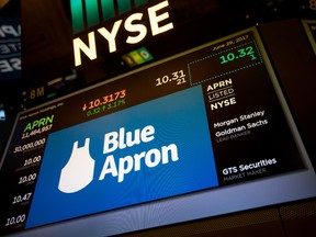 Blue Apron Holdings Inc. signage is displayed during the company's initial public offering (IPO) on the floor of the New York Stock Exchange on Thursday, June 29, 2017