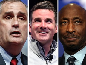 Intel CEO Brian Krzanich, left, Under Armour CEO Kevin Plank and Merck CEO Kenneth Frazier all resigned Monday from the advisory council serving Donald Trump.