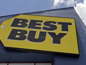 This Monday, May 22, 2017, photo shows a Best Buy sign at a store in Hialeah, Fla. Best Buy Co., Inc. reports earnings, Tuesday, Aug. 29, 2017. (AP Photo/Alan Diaz)