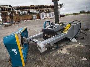 A gas pump sits demolished by Hurricane Harvey in Port Aransas, Texas, on Sunday, Aug. 27, 2017.