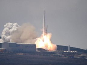 A SpaceX Falcon 9 rocket carrying the Formosat-5 satellite lifts off from Vandenberg Air Force Base, Calif. on Thursday, Aug. 24, 2017. This is the 15th successful landing of a Falcon 9, which successfully landed its first stage on a drone ship in the Pacific Ocean as the second stage continued on and deployed the satellite. (Matt Hartman via AP)