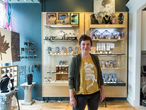 Sarah Dougall in her combined storefront and workshop, Made you Look, in Toronto.