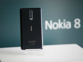 The Nokia 8 smartphone, designed by HMD Global Oy, sits on a stand ahead of its official unveiling in London