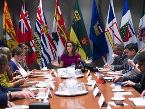 Foreign Affairs Minister Chrystia Freeland, centre, holds a roundtable consultation on NAFTA with labour stakeholders in Toronto on Tuesday, August 15, 2017. THE CANADIAN PRESS/Nathan Denette