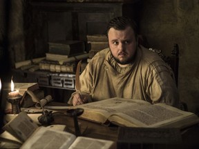 This image provided by HBO shows John Bradley as Samwell Tarly in HBO's "Game of Thrones." Samwell Tarly knows more than the maesters of the Citadel. Littlefinger knows more than Arya. And Bran knows more than anyone in "Game of Thrones." The imbalance in knowledge can be a dangerous thing. Economists call it "asymmetric information," when one party in a transaction knows more than the other and can exploit the advantage. It can be bad for economies. And it's certainly bad for the people of Westeros as the threat of Whitewalkers drew closer in the seventh season's fifth episode, Eastwatch. (Helen Sloan/Courtesy of HBO via AP)