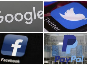 This photo combo of images shows, clockwise, from upper left: a Google sign at a store in Hialeah, Fla., the Twitter app displayed on a smartphone, PayPal headquarters in San Jose, Calif., and the Facebook app displayed on an iPad. It took a violent rally to get tech companies, such as these and others, to do what civil rights groups have been calling for for years: take a firmer stand against accounts used to promote hate and violence. (AP Photo)