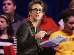 FILE - In this Friday, Nov. 6, 2015, file photo, MSNBC's Rachel Maddow speaks during a Democratic presidential candidate forum at Winthrop University in Rock Hill, S.C. Maddow has turned politics into prime-time entertainment for people worried about the state of the new presidency. MSNBC achieved other milestones in July, including its closest finish to Fox since 2000 and largest margin of victory over CNN ever. (AP Photo/Chuck Burton, File)
