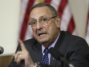 FILE--In this March 8, 2017, file photo, Maine Gov. Paul LePage speaks at a town hall meeting in Yarmouth, Maine. An emerging debate about whether elected officials are violating people's free speech rights by blocking them on social media is spreading across the nation as First Amendment advocates file lawsuits or warn politicians to stop. (AP Photo/Robert F. Bukaty, file)