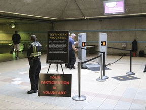 Los Angeles Metropolitan Transportation Authority, Metro hold a two-day pilot program of new body scanner at Union Station in Los Angeles Wednesday, Aug. 16, 2017. Passengers boarding subway trains in Los Angeles may soon be shuffled through airport-style body scanners that are aimed to detect firearms and explosives. Officials say the machines can scan about 600 people per hour. (AP Photo/Mike Balsamo)