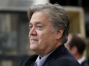 FILE - In this April 29, 2017, file photo, Steve Bannon, chief White House strategist to President Donald Trump is seen in Harrisburg, Pa. Bannon says there's no military solution to North Korea's threats and says the U.S. is losing the economic race against China. (AP Photo/Carolyn Kaster, File)