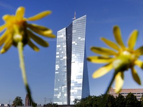 FILE - In this Sept. 7,2016 file photo the headquarters of the European Central Bank is seen through flowers in Frankfurt, Germany. Germany's top court has declined to hear a series of challenges to the European Central Bank's bond-buying stimulus program, referring them instead to the European Court of Justice. The dpa news agency reports Tuesday Aug. 15, 2017 that those against the program claimed it constituted illegal budget financing and that Germany's central bank should not be participating.  (AP Photo/Michael Probst,file)