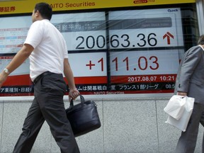 Men rush by an electronic stock board of a securities firm, showing Japan's Nikkei 225 index in Tokyo on Monday, Aug. 7, 2017. Shares rose in Asia in early Monday trading after last week's report of strong gains in U.S. payrolls. Japan's Nikkei 225 index gained 0.6 percent as the yen slipped slightly against the U.S. dollar. (AP Photo/Sherry Zheng)