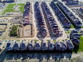 Homes under construction are seen in this aerial photograph taken above Brampton, Ontario, Canada.