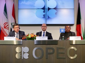Alexander Novak, Russia's energy minister, left, Issam Almarzooq, Kuwait's oil minister, center, and Mohammed Barkindo, secretary general of the Organization of Petroleum Exporting Countries (OPEC), attend a news conference at the OPEC Secretariat in Vienna, Austria, on Friday, Sept. 22, 2017.