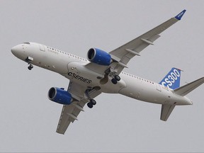 The Bombardier CS 300 performs its demonstration flight during the Paris Air Show, at Le Bourget airport, north of Paris on June 15, 2015. THE CANADIAN PRESS/AP, Francois Mori