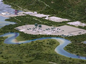 A model at the LNG Canada offices in Kitimat, B.C., shows the proposed liquified natural gas liquification plant and marine terminal, June 26, 2014.