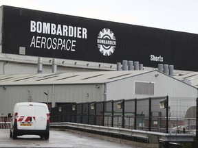 FILE - This is a Sept. 13, 2017  file photo of the Bombardier Aerospace plant in Belfast, Northern Ireland. U.K. Prime Minister Theresa May is "bitterly disappointed" by the U.S. government's decision to slap duties of nearly 220 percent on Canada's Bombardier C series aircraft. May took to Twitter on Wednesday Sept. 27, 2017 to say Britain will continue to work with the company to try to protect jobs, including some 4,000 in Northern Ireland. May has a key alliance with the Northern Ireland-based Democratic Unionist Party. (Brian Lawless/PA, File via AP)