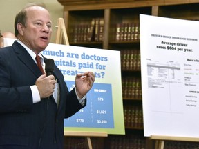 Detroit Mayor Mike Duggan talks about bi-partisan legislation designed to reduce Michigan drivers' insurance payments, Tuesday, Sept. 26, 2017, in Lansing, Mich. (Dale G Young/Detroit News via AP)