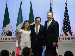 Canadian Foreign Affairs Minister Chrystia Freeland, from left, Mexico's Secretary of Economy Ildefonso Guajardo Villarreal, and U.S. Trade Representative Robert Lighthizer, at a press conference regarding the second round of NAFTA renegotiations in Mexico City.