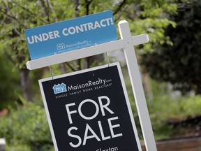 FILE - In this Thursday, April 27, 2017, file photo, an "Under Contract" sign is posted in front of a home for sale in Charlotte, N.C. The Commerce Department releases new home sales data for August on Tuesday, Sept. 26, 2017, and its latest quarterly estimate of U.S. economic growth on Thursday, Sept. 28. (AP Photo/Chuck Burton, File)