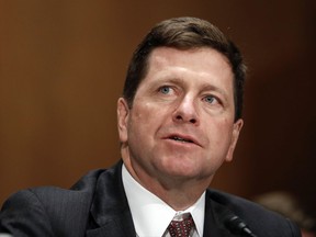 FILE - In this March 23, 2017, file photo, Securities and Exchange Commission Chairman nominee Jay Clayton testifies on Capitol Hill in Washington at his confirmation hearing before the Senate Banking Committee. Clayton, now SEC chairman, is likely to face an especially tough hearing in front of Congress on Tuesday, Sept. 26, 2017, after the agency acknowledged that it also was a victim to a hack. (AP Photo/Pablo Martinez Monsivais, File)
