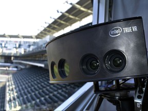 This May 16, 2017, photo provided by Intel and Major League Baseball shows an Intel VR camera at a baseball game in Cleveland. Major League Baseball has had a free game in VR every Tuesday, subject to blackouts of hometown teams. (Courtesy of Intel/MLB via AP)