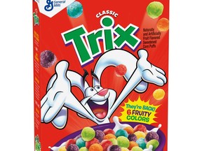 This photo provided by General Mills shows a box of Classic Trix cereal. Trix is back to its old tricks: The colorful cereal will once again be made with artificial dyes and flavors, nearly two years after they were banished from the cereal. Food maker General Mills said Thursday, Sept. 21, 2017, that Classic Trix will return to supermarket shelves in October. But it will also continue to sell the version without artificial colors and flavors. (Courtesy of General Mills via AP)