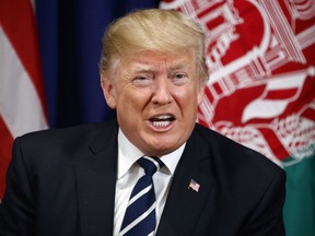 President Donald Trump speaks at a meeting with Afghan President Ashraf Ghani at the Palace Hotel during the United Nations General Assembly, Thursday, Sept. 21, 2017, in New York. (AP Photo/Evan Vucci)