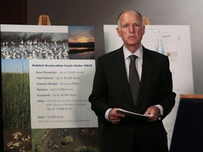 FILE - In this July 25, 2012, file photo, California Gov. Jerry Brown waits for the start of a news conference in Sacramento, Calif., to announce plans to build a giant twin tunnel system to move water from the Sacramento-San Joaquin River Delta to farmland and cities. A new federal audit says the federal government improperly spent tens of millions of dollars on the California water project. An audit by the inspector general's office of the U.S. Interior Department says federal officials contributed the taxpayer money to Gov. Jerry Brown's plans to build two giant water tunnels.  (AP Photo/Rich Pedroncelli, File)