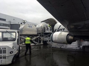 In this photo taken Friday, Sept. 22, 2017, Alaska Airlines employees load cargo into the middle of a passenger plane at Ted Stevens Anchorage International Airport in Anchorage, Alaska. The airline is retiring its combi planes, Boeing 737-400s designed to be half cargo immediately behind the cockpit and then seating for 72 passengers in the rear. (AP Photo/Mark Thiessen)