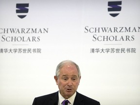 FIEL - In this Sept. 10, 2016 file photo, Stephen Schwarzman, founder and CEO of the Blackstone Group, speaks during a ceremony to officially open the Schwarzman Scholars program at Tsinghua University in Beijing. The study program at an elite Chinese university that was inspired by the prestigious Rhodes Scholarship launched its second year Friday, Sept. 8, 2017 with an endowment of more than $500 million and a considerable rise in applications. (AP Photo/Mark Schiefelbein, File)