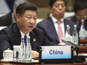 Chinese President Xi Jinping speaks during the Dialogue of Emerging Market and Developing Countries meeting on the sidelines of the BRICS Summit in Xiamen, China, Tuesday, Sept. 5, 2017. (Wu Hong/Pool Photo via AP)