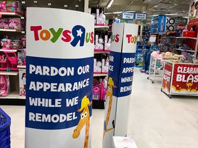 A construction sign is posted inside of a Toys R' Us store on September 19, 2017 in San Rafael, California