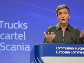 European Commissioner for Competition Margrethe Vestager speaks during a media conference regarding a truck cartel case at EU headquarters in Brussels on Wednesday, Sept. 27, 2017. (AP Photo/Virginia Mayo)