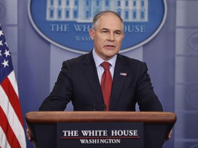 FILE - In this June 2, 2017, file photo, EPA Administrator Scott Pruitt speaks to the media during the daily briefing in the Brady Press Briefing Room of the White House in Washington.  Pruitt is telling senators that he never made any promises to billionaire investor Carl Icahn about renewable fuel credits that were costing one of his companies millions. (AP Photo/Pablo Martinez Monsivais, File)