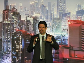 Tony Cole, Vice President of FireEye Inc., a cybersecurity firm headquartered in Milpitas, California, speaks at the FireEye Cyber Defence Live conference, Tuesday, Sept. 12, 2017, in Dubai, United Arab Emirates. State-sponsored hacks have become an increasing worry among countries across the Persian Gulf. They include suspected Iranian cyberattacks on Saudi Arabia to leaked emails causing consternation among nominally allied Arab nations. (AP Photo/Kamran Jebreili)
