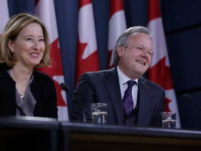 Carolyn Wilkins, senior deputy governor at the Bank of Canada, and Steven Poloz after announcing last week that they would hold interest rates steady.