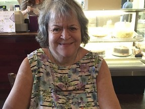 This Saturday, Oct. 7, 2017 photo provided by Jessica Tunis shows her mother, Linda Tunis, at a café in Petaluma, Calif. Linda Tunis is among the missing in the wildfires that have been ravaging Northern California. (Jessica Tunis via AP)