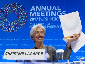 International Monetary Fund (IMF) Managing Director Christine Lagarde, speaks during a news conference at World Bank/IMF Annual Meetings in Washington, Thursday, Oct. 12, 2017. ( AP Photo/Jose Luis Magana)