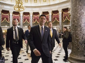 Speaker of the House Paul Ryan, R-Wis., strides to the chamber for the vote on the $4 trillion budget measure that will pave the way for a sweeping GOP tax overhaul, on Capitol Hill in Washington, Thursday, Oct. 26, 2017. (AP Photo/J. Scott Applewhite)