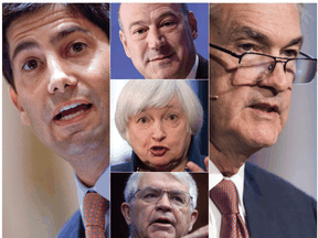 Donald Trump’s rumoured shortlist for chair of the Federal Reserve includes: left, Kevin Warsh, former Fed governor, right, Jerome Powell, current Fed board member, and centre from top, Gary Cohn, U.S. economic council director, Janet Yellen, current Fed chair whose term ends in February, and Stanford economist John Taylor.