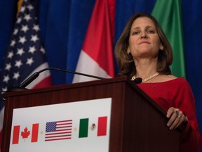 Canadian Foreign Minister Chrystia Freeland speaks during a press conference at the  conclusion of the fourth round of negotiations for a new North American Free Trade Agreement (NAFTA) at the General Services Administration headquarters in Washington, DC, on October 17, 2017.